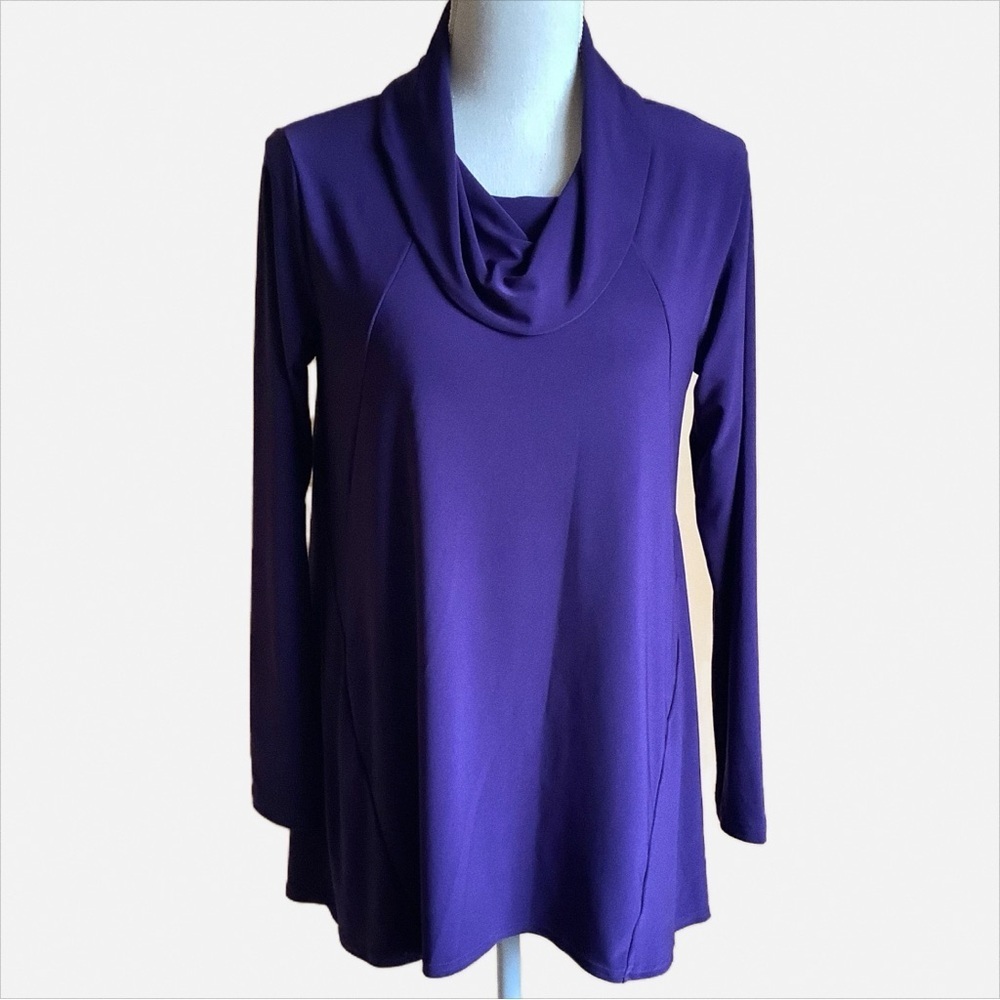 SYMPLI Purple Cowl Neck Tunic Top Size 8 Matte Jersey Long Sleeve Travel